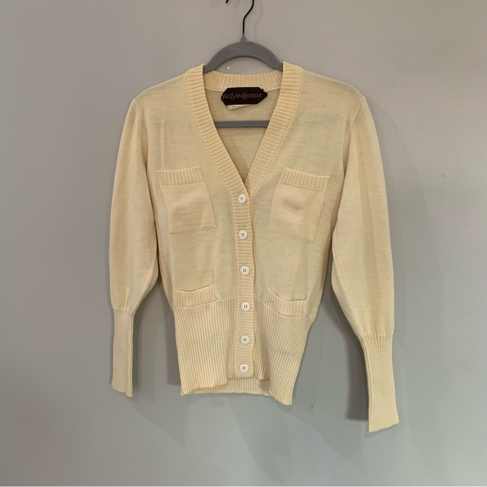 Yves Saint Laurent YSL Sweater Vintage Cardigan Button Down in Pale Yellow - Picture 3 of 5